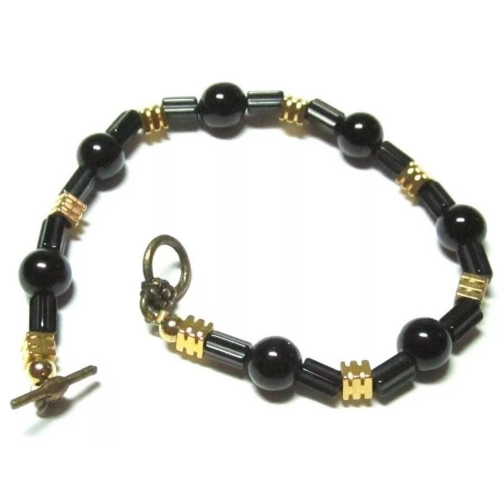 Lovely Classic Round Long‎ Black Glass Gold Square Beads Toggle Bracelet